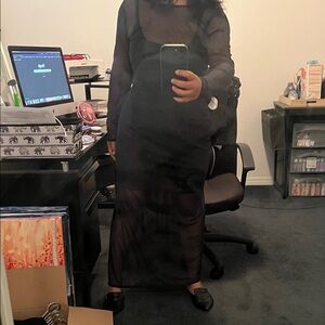 Abercrombie & Fitch black midi dress w/ mesh overlay & sleeves in Large